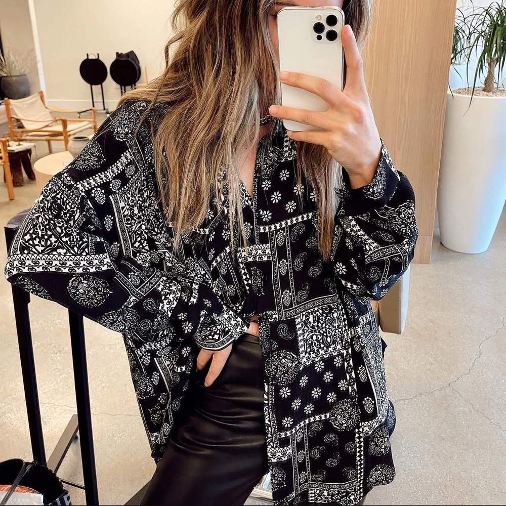 12th Tribe Black and White Bandana Print Button-Down Shirt